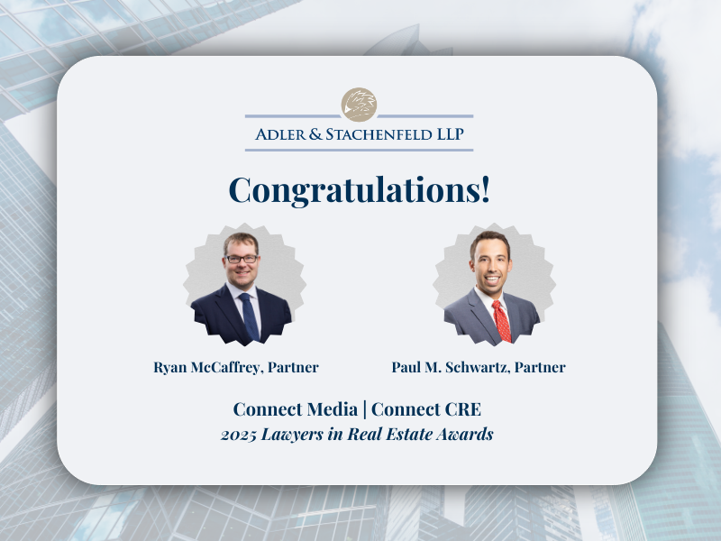 Graphic featuring partners Ryan McCaffrey and Paul Schwartz who were both selected as ConnectCRE 2025 Lawyers in Real Estate Award Recipients