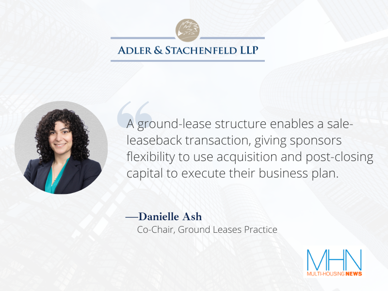 Graphic featuring partner Danielle Ash, Ground Leases and Impact Practices Co-Chair, alongside a quote excerpt from Multi-Housing News