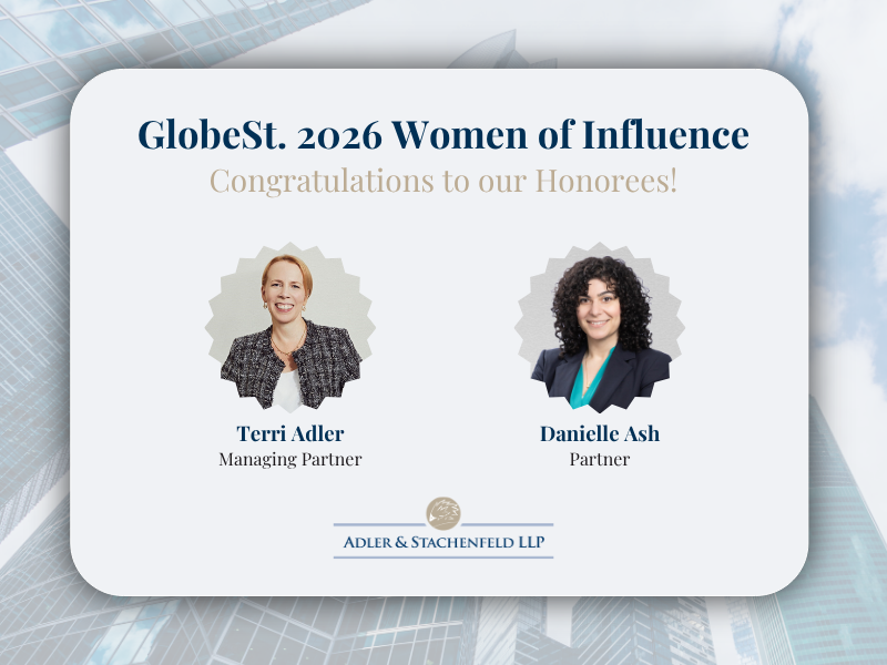 Graphic announcing GlobeSt. 2026 Women of Influence honorees featuring headshots of Terri Adler, Managing Partner, and Danielle Ash, Partner at Adler & Stachenfeld LLP, with a city skyline background and congratulatory message.